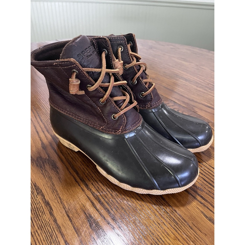 Women's Size 7.5W Sperry Saltwater Duck Waterproof Rain Boots Black & Brown
